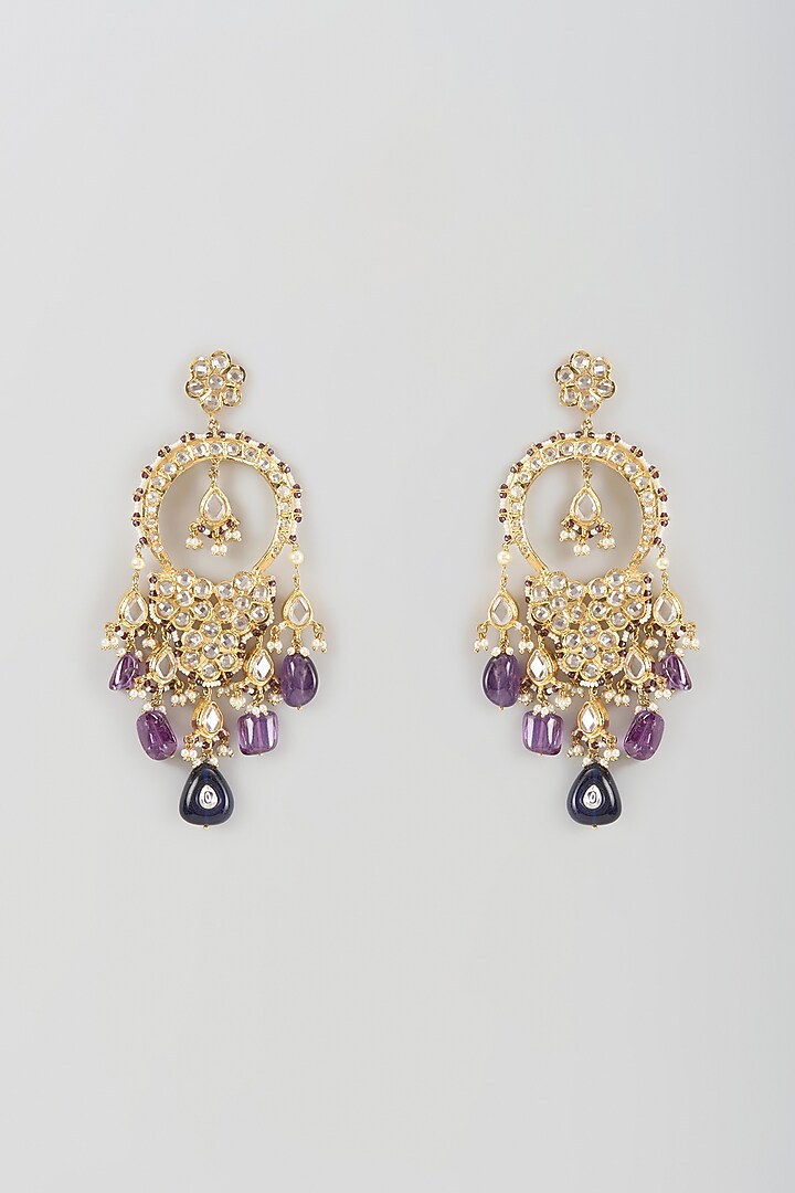Gold Finish Uncut Polki Diamond & Amethyst Dangler Earrings by Kiara at Pernia's Pop Up Shop