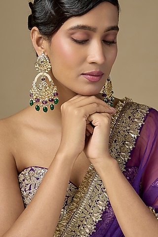 Gold Finish Polki Diamond & Purple Amethyst Dangler Earrings by Kiara