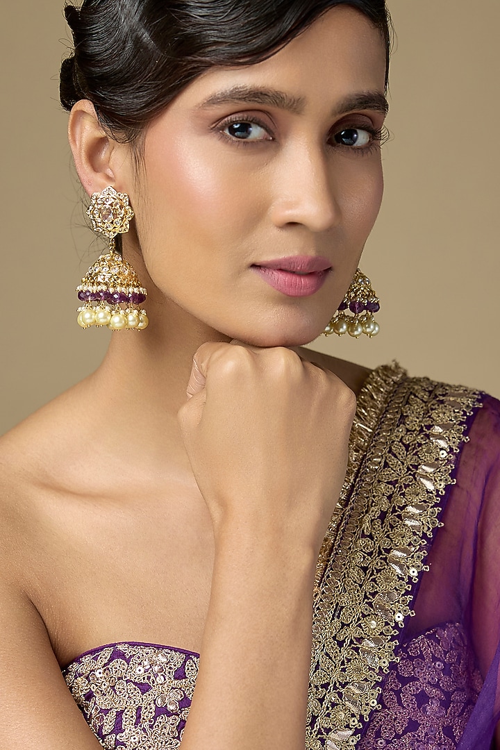Gold Finish Polki Diamond & Purple Amethyst Dangler Earrings by Kiara at Pernia's Pop Up Shop