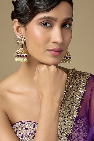 Gold Finish Polki Diamond & Purple Amethyst Dangler Earrings by Kiara