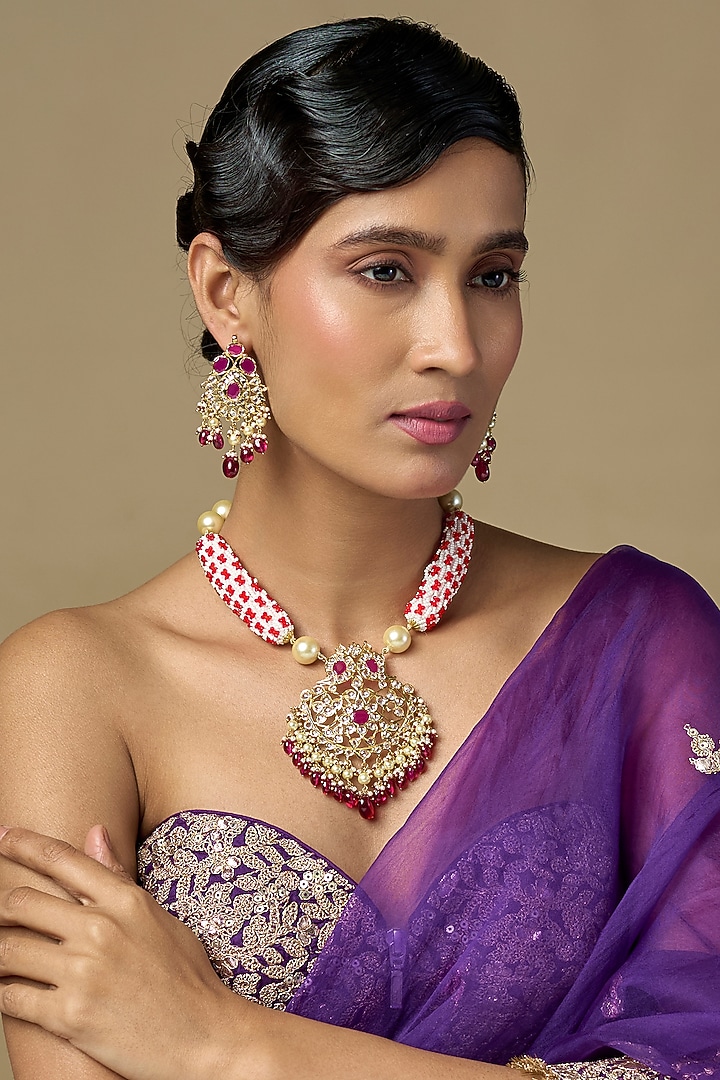 Gold Finish Polki Diamond & Ruby Long Necklace Set by Kiara at Pernia's Pop Up Shop