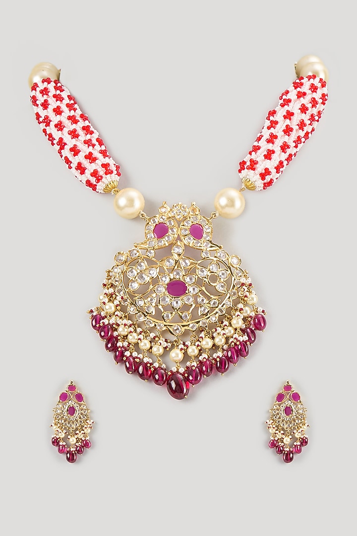 Gold Finish Polki Diamond & Ruby Long Necklace Set by Kiara at Pernia's Pop Up Shop