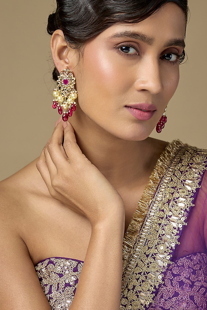 Gold Finish Ruby & Pearl Dangler Earrings by Kiara at Pernia's Pop Up Shop