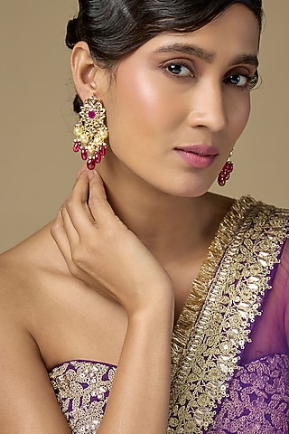 Gold Finish Ruby & Pearl Dangler Earrings by Kiara