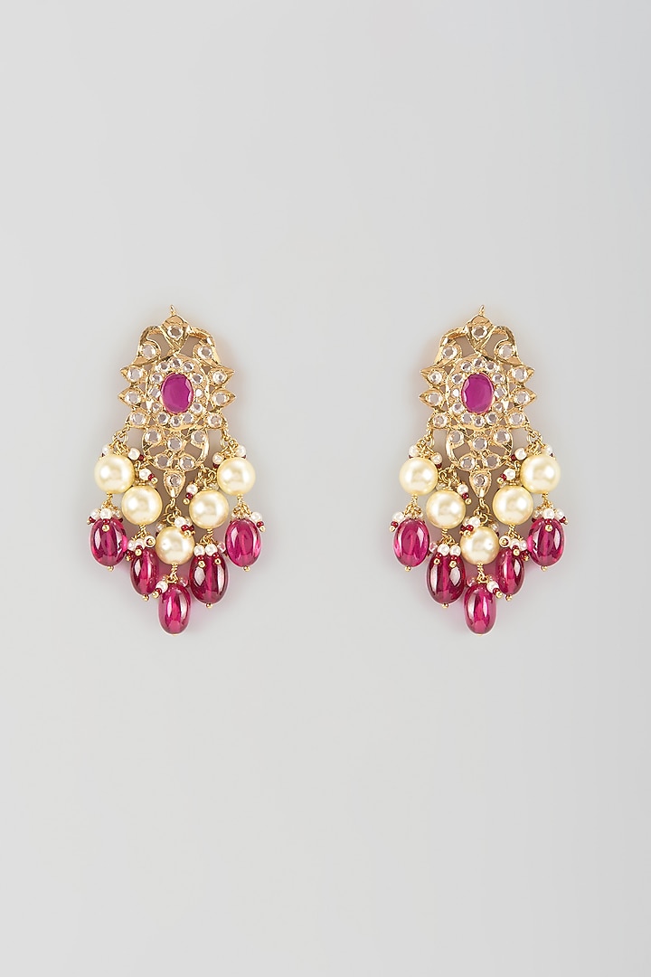 Gold Finish Ruby & Pearl Dangler Earrings by Kiara at Pernia's Pop Up Shop