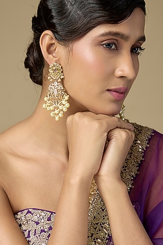 Gold Finish Uncut Polki Diamond & Pearl Dangler Earrings by Kiara