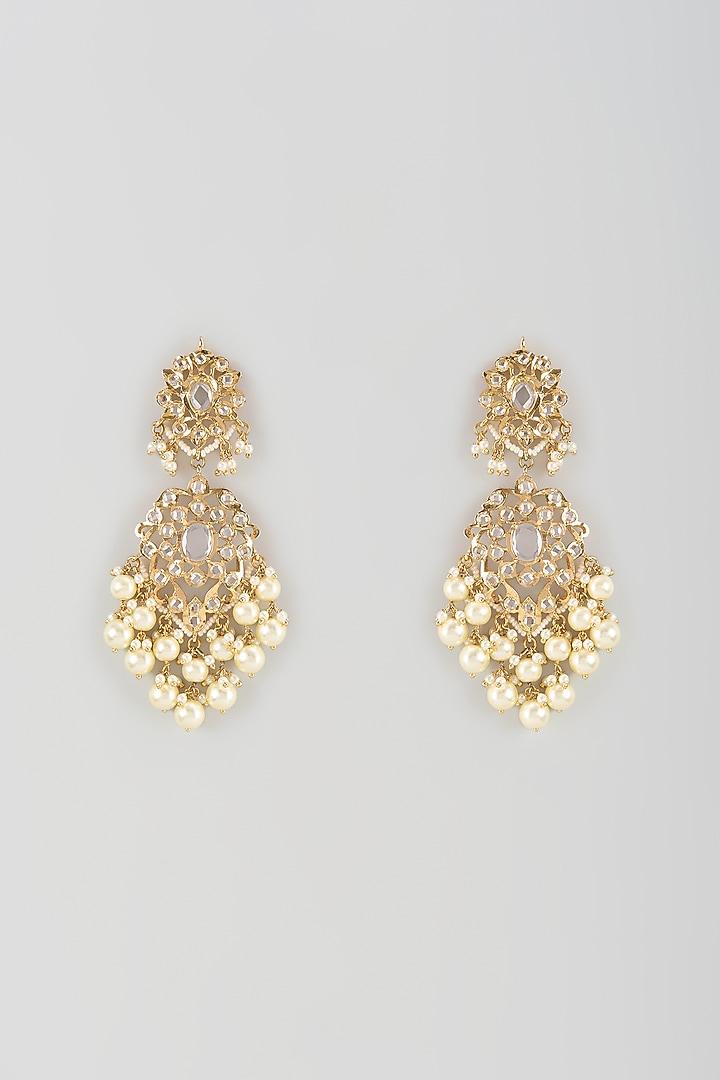 Gold Finish Uncut Polki Diamond & Pearl Dangler Earrings by Kiara at Pernia's Pop Up Shop