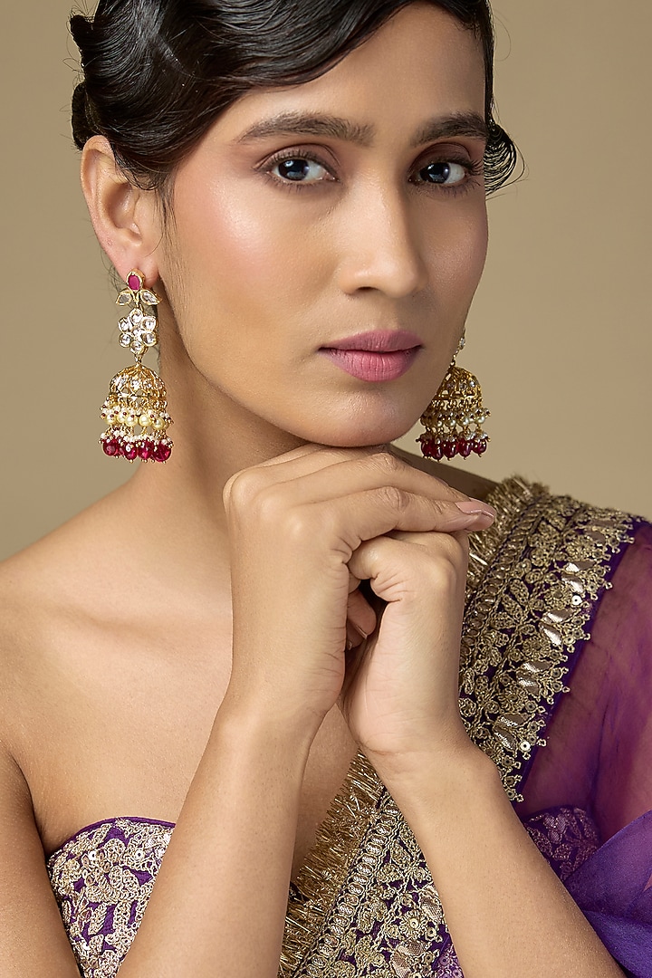 Gold Finish Kundan Polki & Ruby Drop Jhumka Earrings by Kiara at Pernia's Pop Up Shop