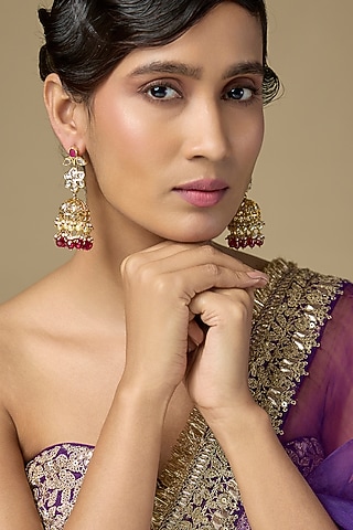 Gold Finish Kundan Polki & Ruby Drop Jhumka Earrings by Kiara