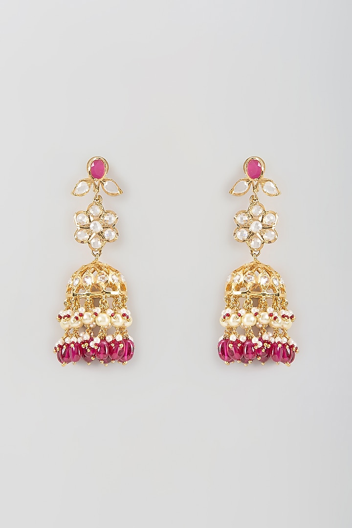 Gold Finish Kundan Polki & Ruby Drop Jhumka Earrings by Kiara at Pernia's Pop Up Shop