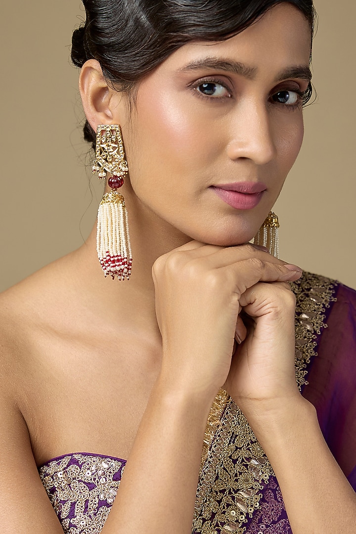 Gold Finish Kundan Polki & Ruby Dangler Earrings by Kiara at Pernia's Pop Up Shop