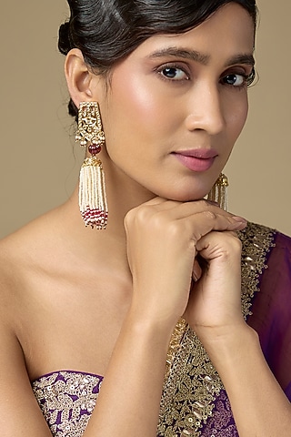 Gold Finish Kundan Polki & Ruby Dangler Earrings by Kiara