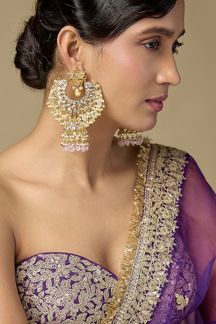 Gold Finish Uncut Polki Diamond Jhumka Earrings by Kiara at Pernia's Pop Up Shop