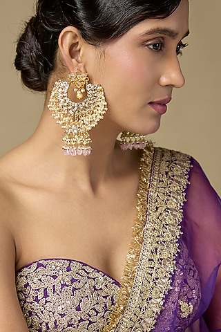 Gold Finish Uncut Polki Diamond Jhumka Earrings by Kiara