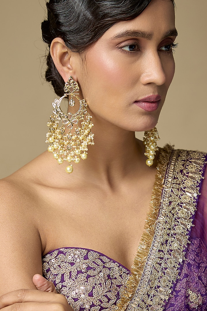 Gold Finish Polki Diamond & Pearl Drop Dangler Earrings by Kiara at Pernia's Pop Up Shop