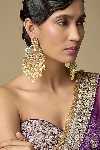 Gold Finish Polki Diamond & Pearl Drop Dangler Earrings by Kiara