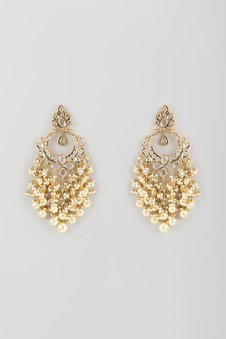Gold Finish Polki Diamond & Pearl Drop Dangler Earrings by Kiara at Pernia's Pop Up Shop