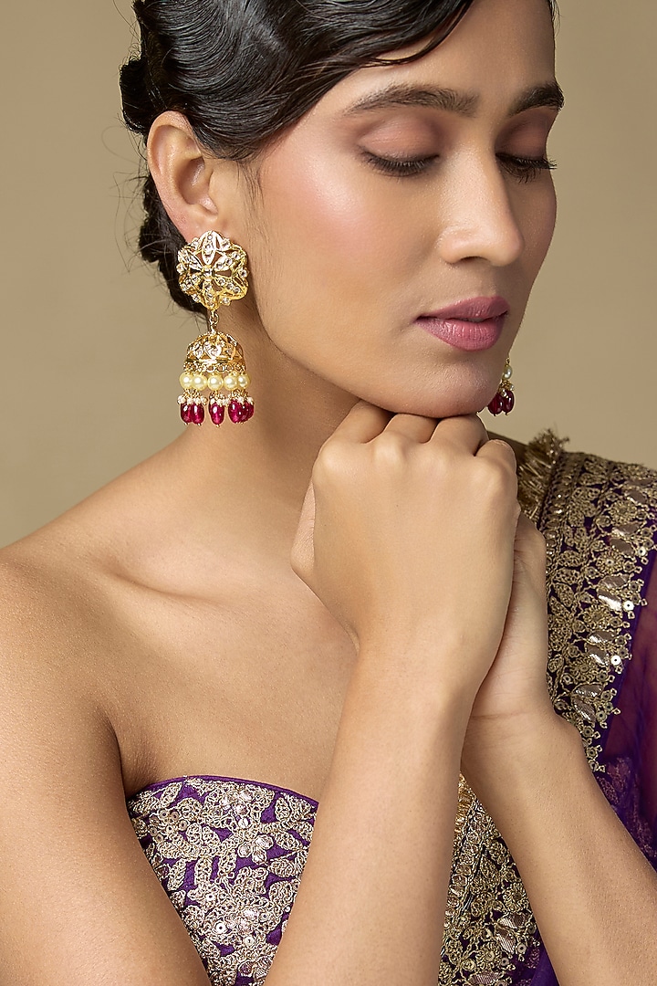 Gold Finish Kundan Polki & Ruby Drop Jhumka Earrings by Kiara at Pernia's Pop Up Shop