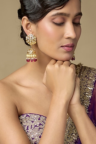 Gold Finish Kundan Polki & Ruby Drop Jhumka Earrings by Kiara