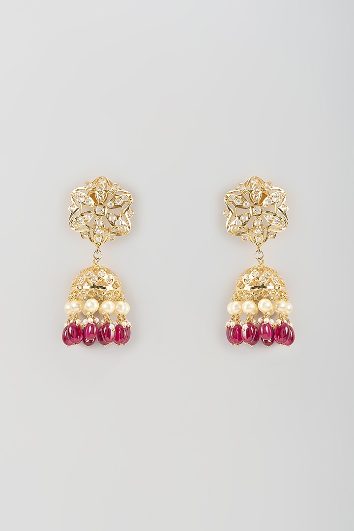 Gold Finish Kundan Polki & Ruby Drop Jhumka Earrings by Kiara at Pernia's Pop Up Shop