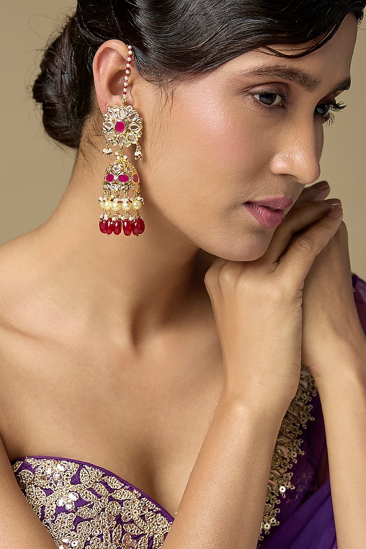Gold Finish Kundan Polki & Ruby Jhumka Earrings by Kiara at Pernia's Pop Up Shop