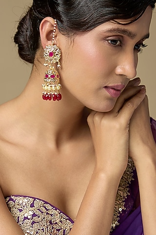 Gold Finish Kundan Polki & Ruby Jhumka Earrings by Kiara