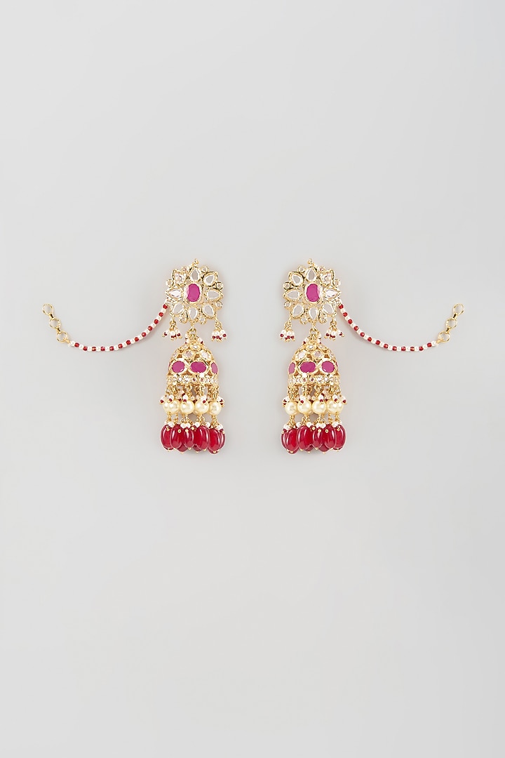 Gold Finish Kundan Polki & Ruby Jhumka Earrings by Kiara at Pernia's Pop Up Shop