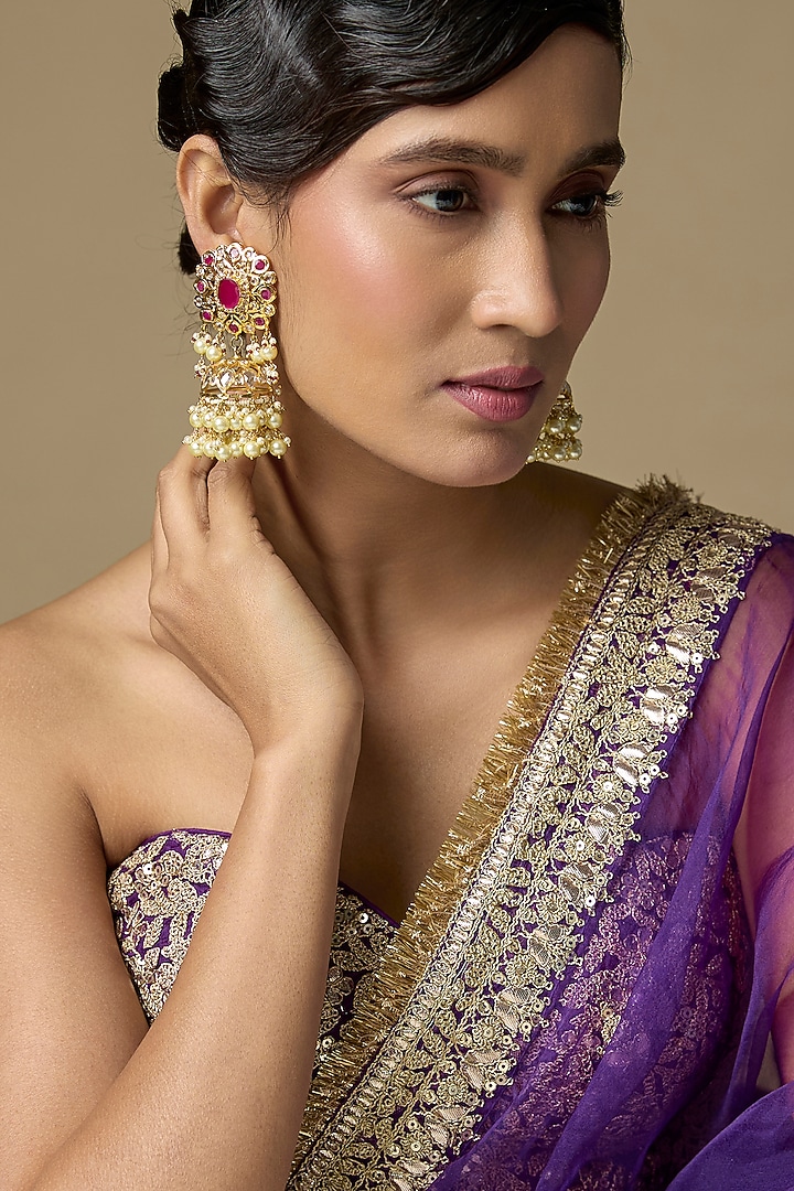 Gold Finish Kundan Polki & Ruby Jhumka Earrings by Kiara at Pernia's Pop Up Shop