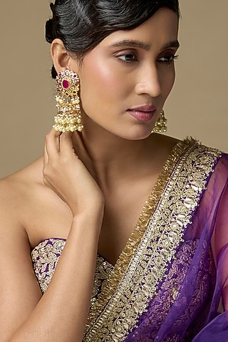 Gold Finish Kundan Polki & Ruby Jhumka Earrings by Kiara