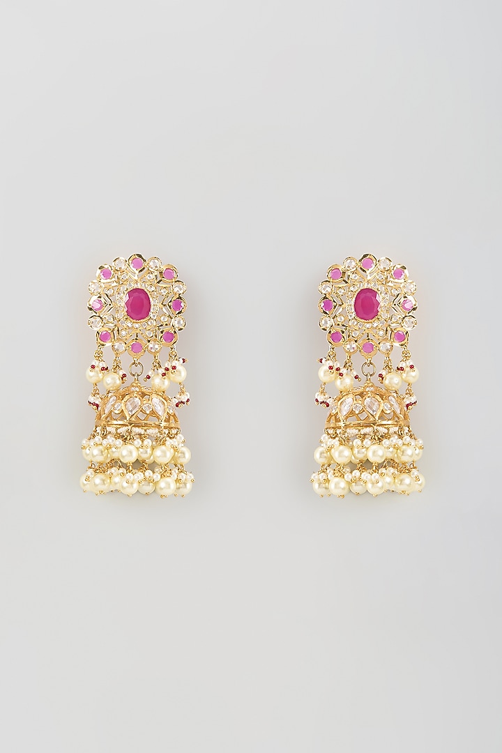 Gold Finish Kundan Polki & Ruby Jhumka Earrings by Kiara at Pernia's Pop Up Shop