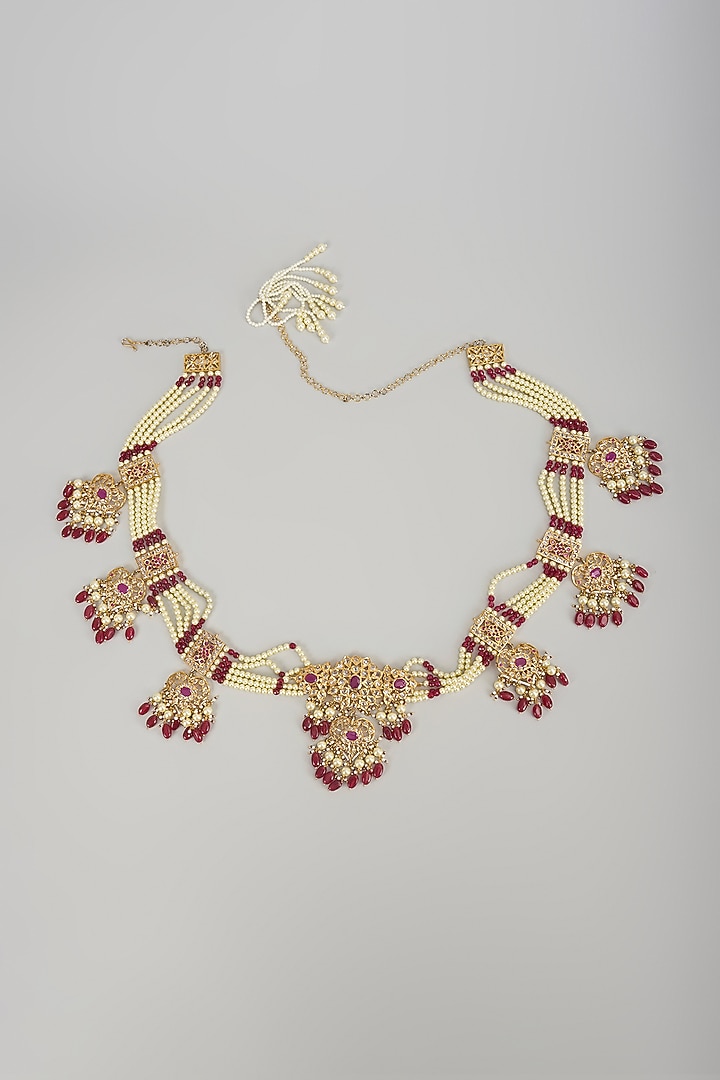 Gold Plated Kundan Polki & Red Onyx Beaded Waist Belt by Kiara at Pernia's Pop Up Shop