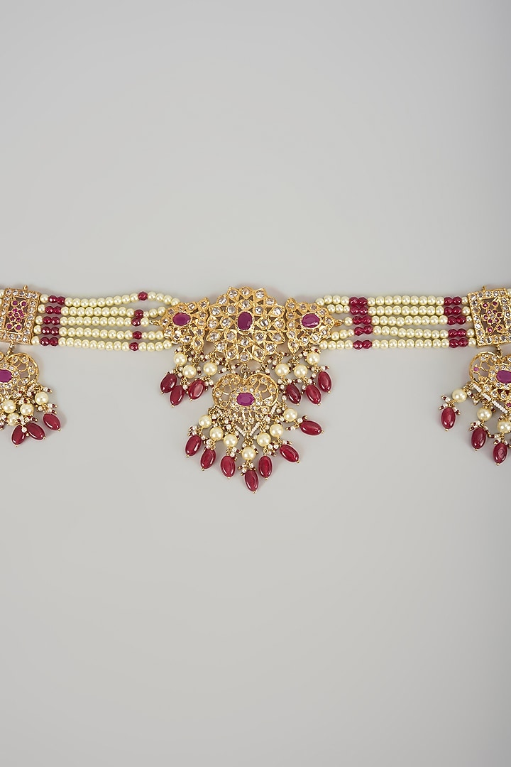 Gold Plated Kundan Polki & Red Onyx Beaded Waist Belt by Kiara at Pernia's Pop Up Shop