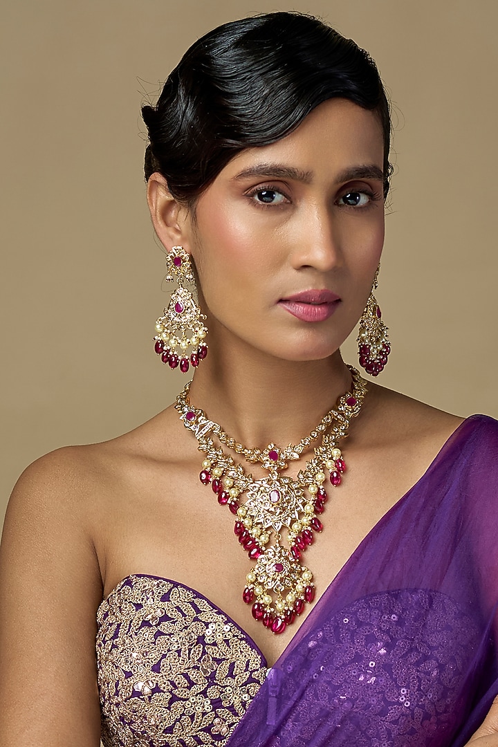 Gold Finish Kundan Polki & Red Beaded Long Necklace Set by Kiara at Pernia's Pop Up Shop