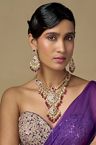 Gold Finish Kundan Polki & Red Beaded Long Necklace Set by Kiara