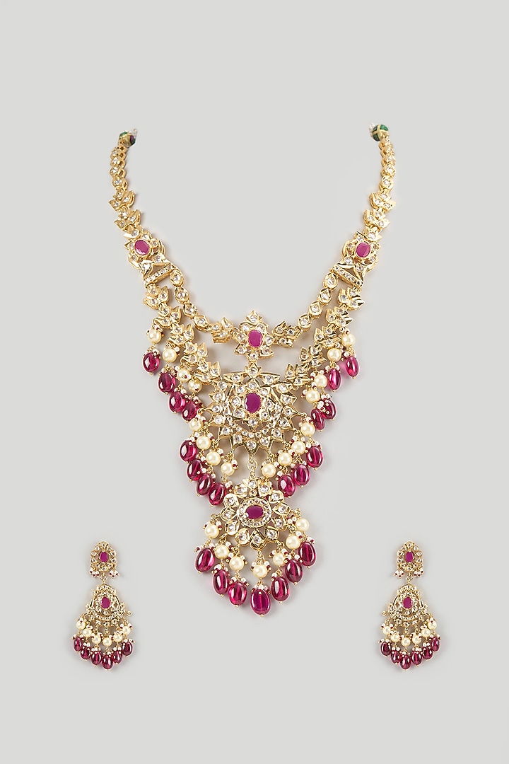 Gold Finish Kundan Polki & Red Beaded Long Necklace Set by Kiara at Pernia's Pop Up Shop
