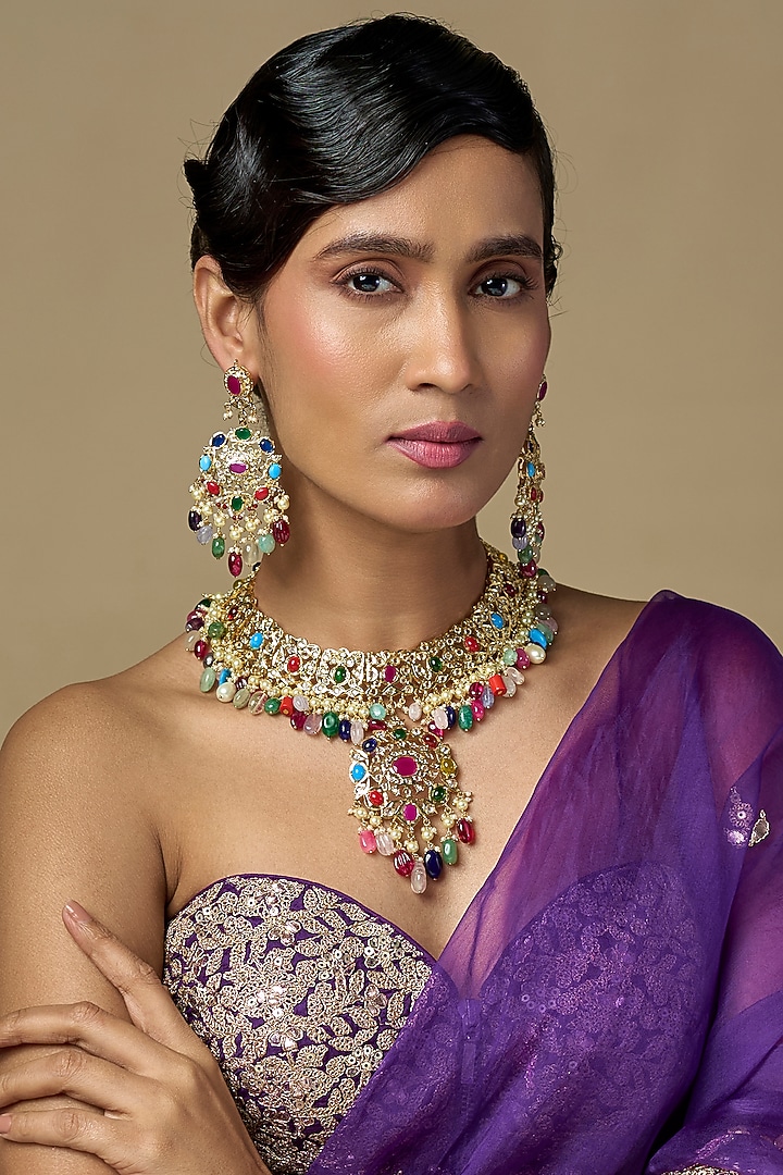 Gold Finish Multi-Colored Kundan Polki & Beaded Long Necklace Set by Kiara at Pernia's Pop Up Shop