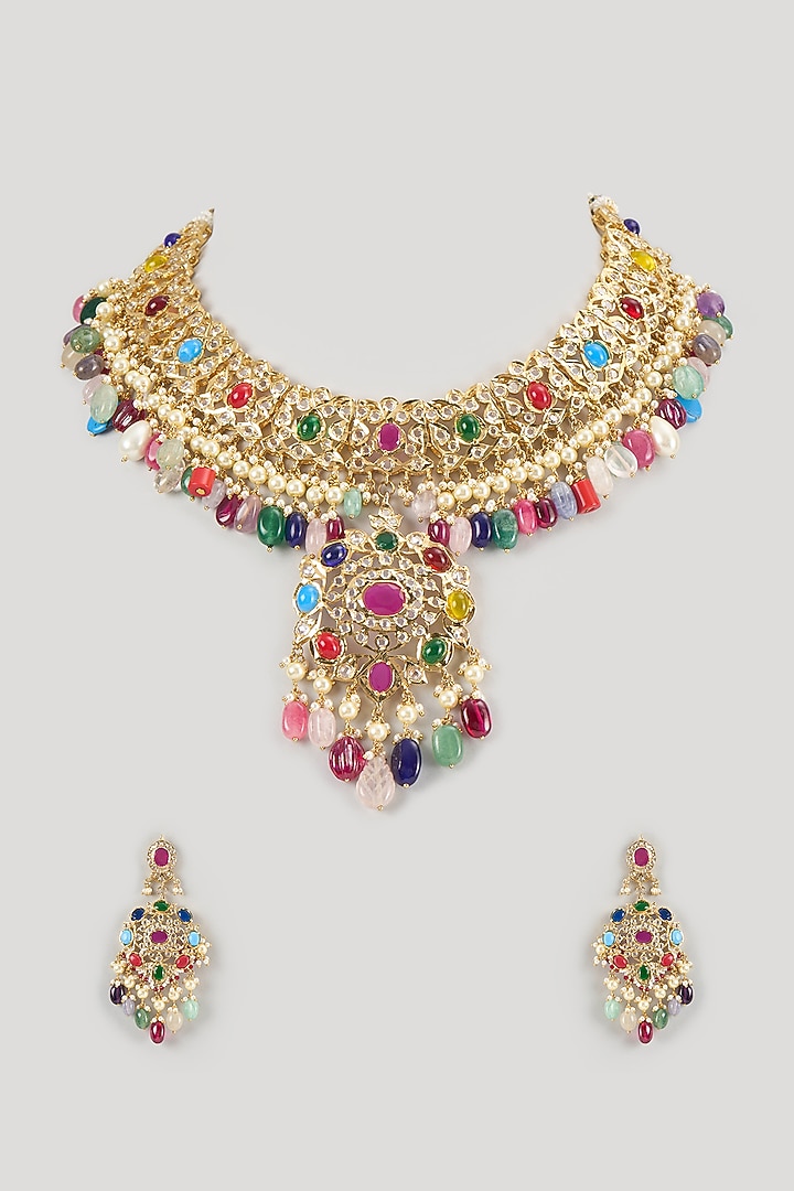 Gold Finish Multi-Colored Kundan Polki & Beaded Long Necklace Set by Kiara at Pernia's Pop Up Shop