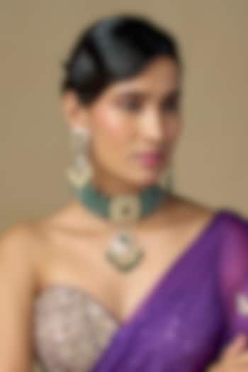 Gold Finish Kundan Polki & Green Onyx Choker Necklace Set by Kiara at Pernia's Pop Up Shop
