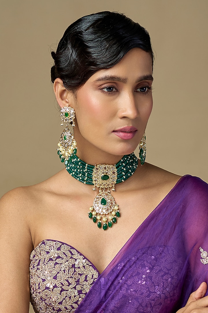 Gold Finish Kundan Polki & Green Onyx Choker Necklace Set by Kiara at Pernia's Pop Up Shop