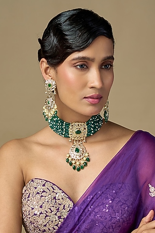 Gold Finish Kundan Polki & Green Onyx Choker Necklace Set by Kiara