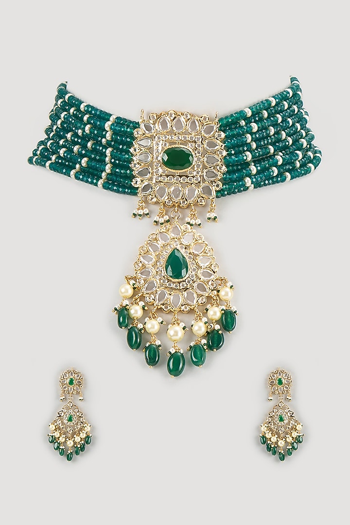 Gold Finish Kundan Polki & Green Onyx Choker Necklace Set by Kiara at Pernia's Pop Up Shop