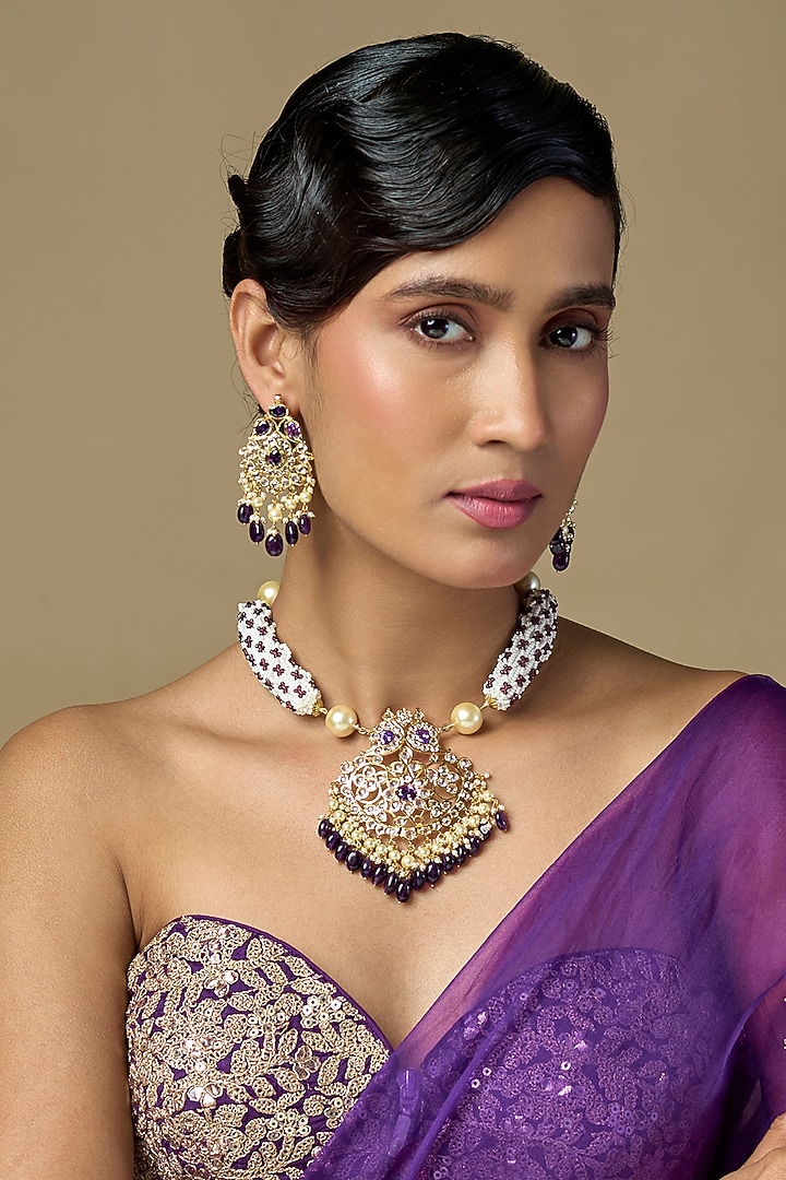 Gold Finish Polki Diamond & Amethyst Long Necklace Set by Kiara at Pernia's Pop Up Shop