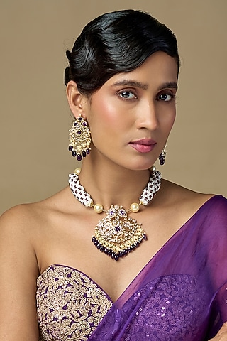 Gold Finish Polki Diamond & Amethyst Long Necklace Set by Kiara