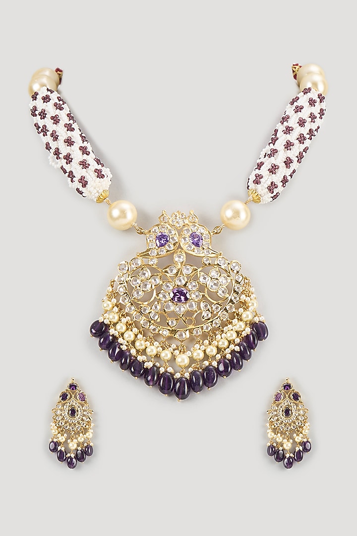 Gold Finish Polki Diamond & Amethyst Long Necklace Set by Kiara at Pernia's Pop Up Shop