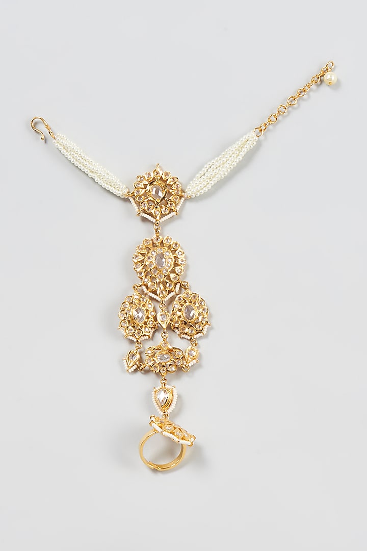Gold Plated Kundan Polki & Pearl Hand Harness by Kiara