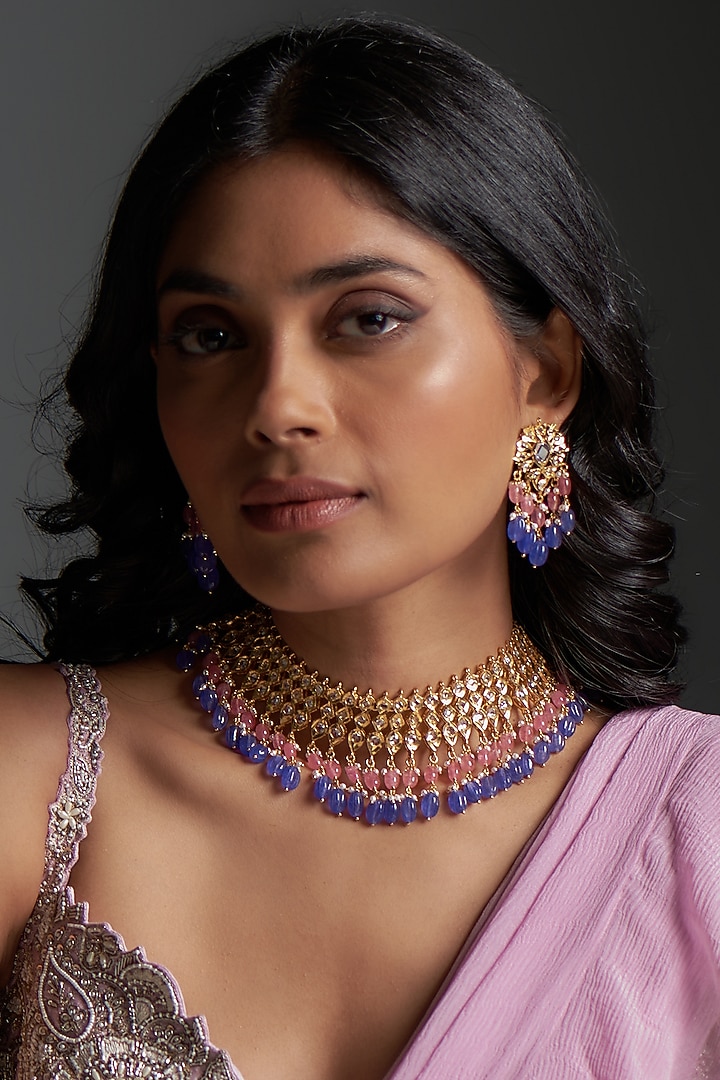 Gold Plated Kundan Polki & Onyx Choker Necklace Set by Kiara at Pernia's Pop Up Shop
