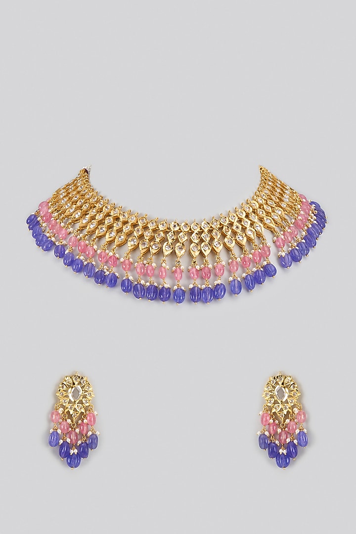 Gold Plated Kundan Polki & Onyx Choker Necklace Set by Kiara at Pernia's Pop Up Shop