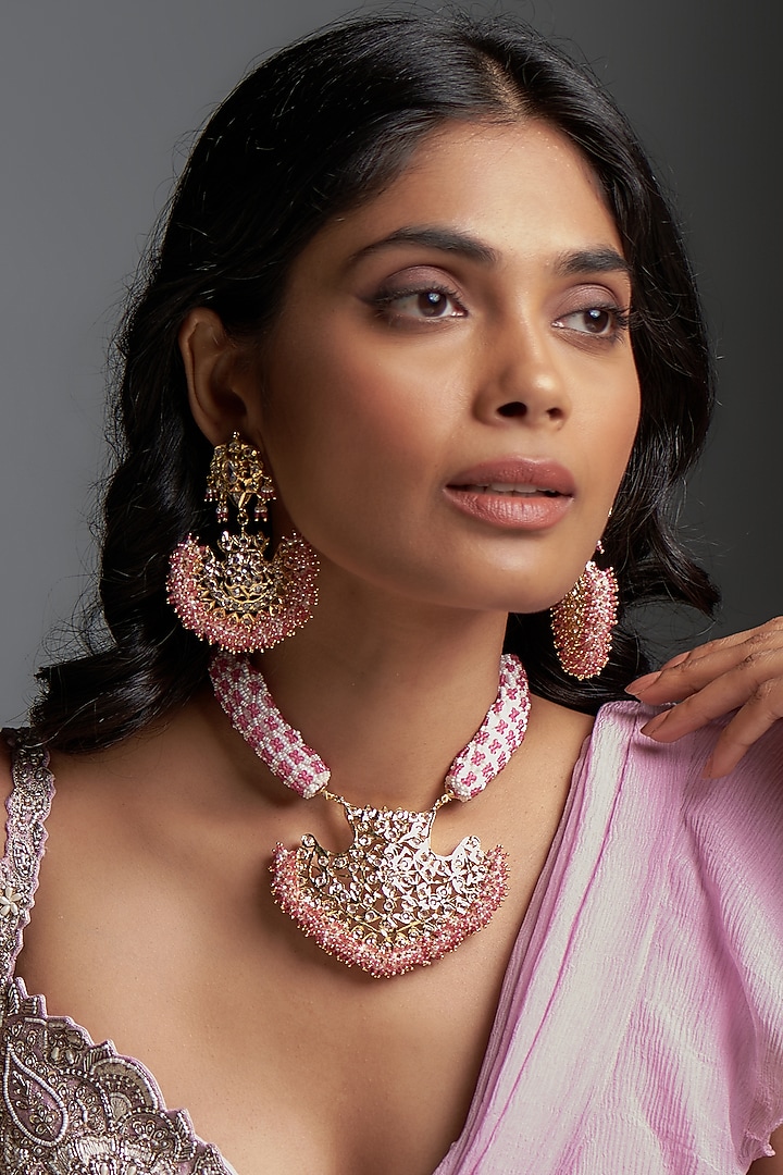 Gold Plated Kundan Polki & Pink Quartz Necklace Set by Kiara at Pernia's Pop Up Shop