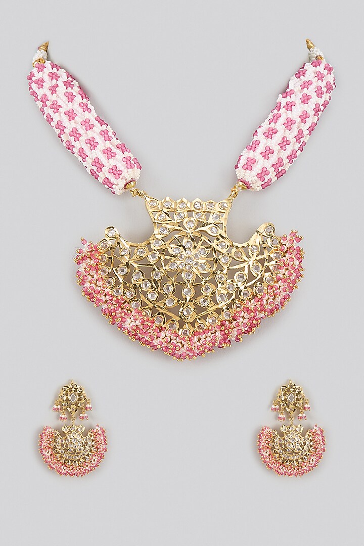 Gold Plated Kundan Polki & Pink Quartz Necklace Set by Kiara at Pernia's Pop Up Shop