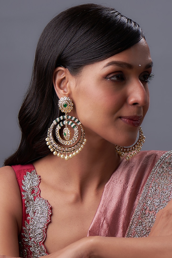 Gold Plated Kundan Polki & Green Onyx Chandbali Earrings by Kiara at Pernia's Pop Up Shop